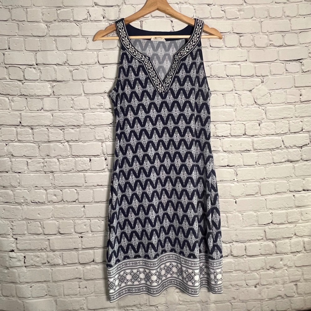 Magnolia Grace Navy Blue White Geometric Embroidered V-Neck Shift Dress Sz Small